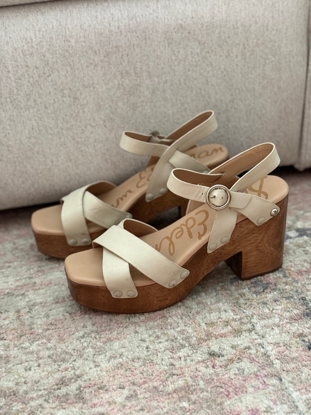 Sam Edelman Women’s Sz 10 Josephine Wood Block Platform Sandals Cream Leather